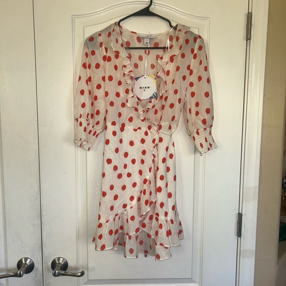 RIXO Polka Dot Ruffle Wrap Dress - Cream with Dots sz XS - Picture 5 of 11